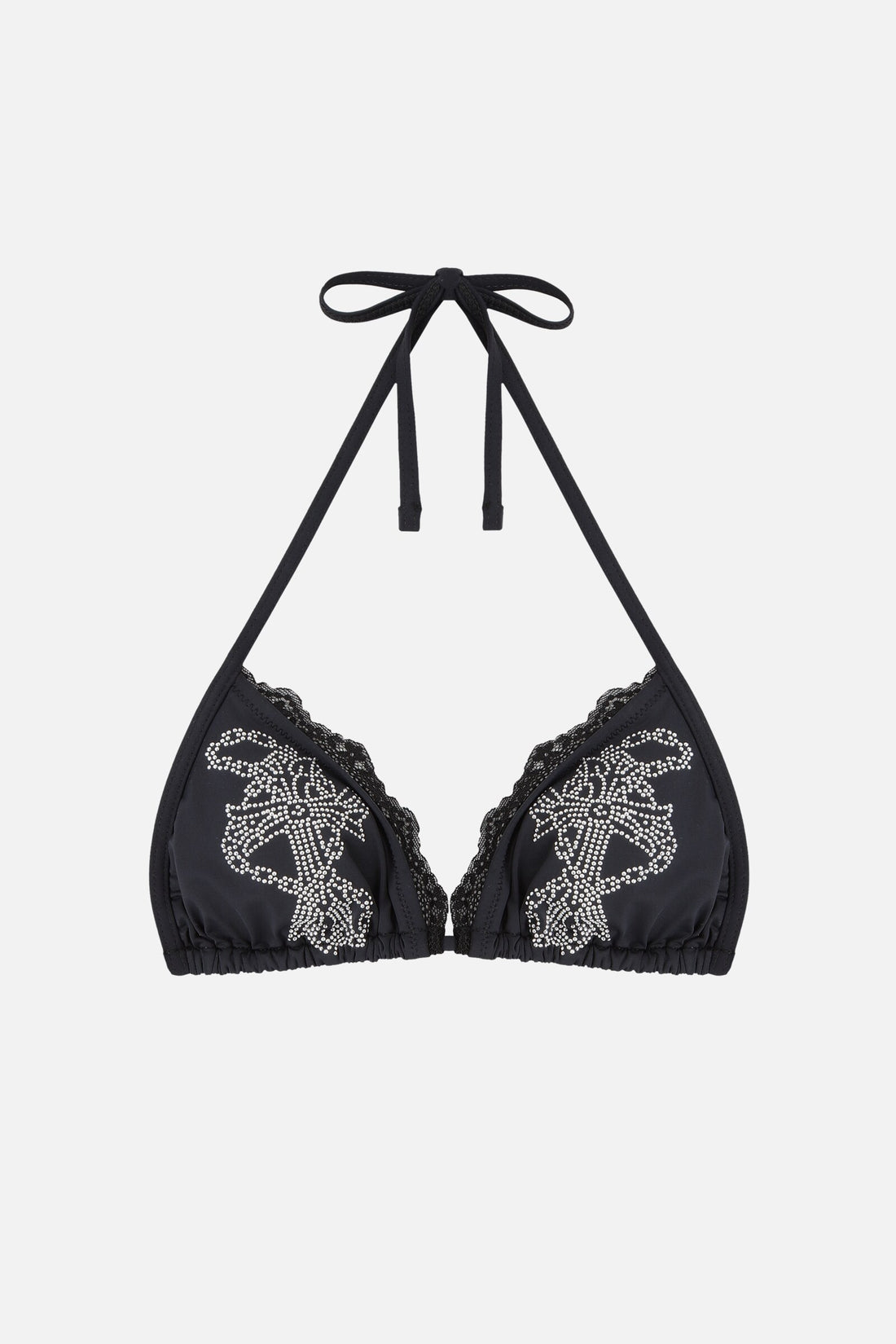 Black Rosary Rhinestone Bikini Top on its own, with rhinestone crosses and lace trim