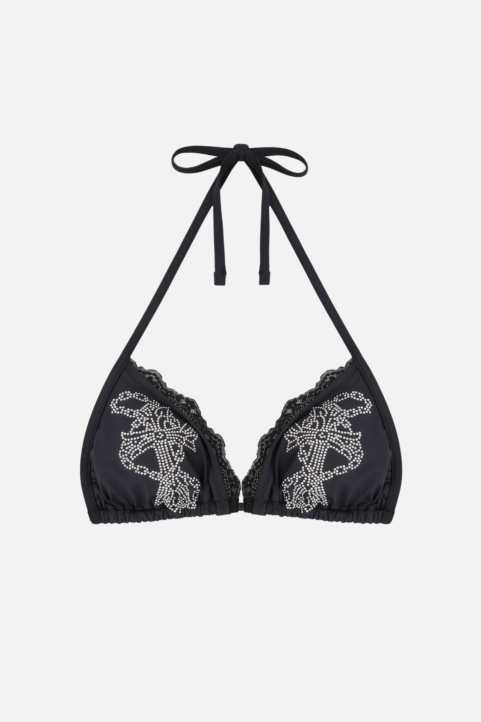 Rosary Rhinestone Bikini Top - black rhinestone cross print triangle top, flat lay