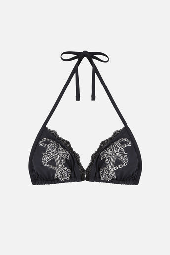 Rosary Rhinestone Bikini Top - black rhinestone cross print triangle top, flat lay