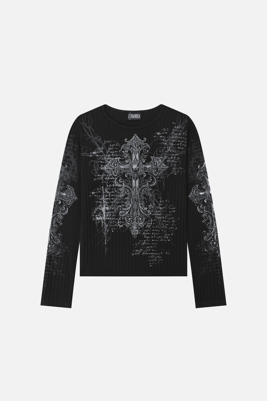 Black Scripture Ribbed Long Sleeve laid flat with silver-grey cross and handwritten script