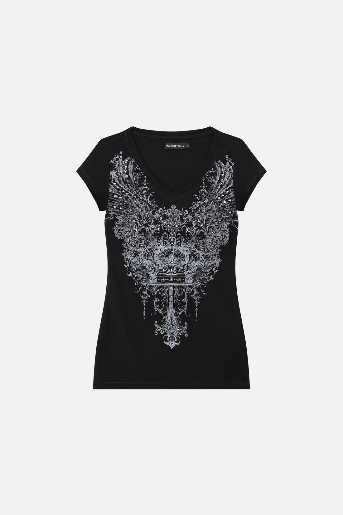 Black Shrine Tee shown on its own, with the silver winged crown and cross graphic