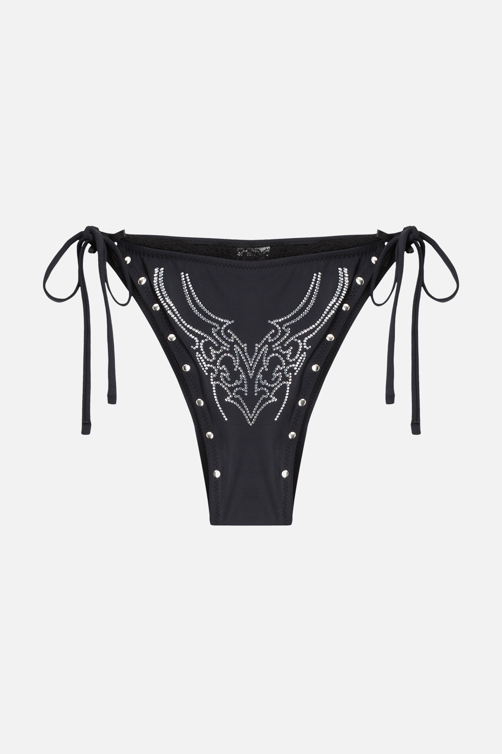 Sigil Rhinestone Bikini Bottom - black rhinestone sigil print tie-side bottom, flat lay