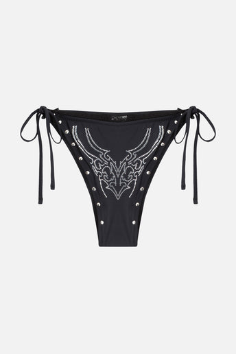 Sigil Rhinestone Bikini Bottom - black rhinestone sigil print tie-side bottom, flat lay