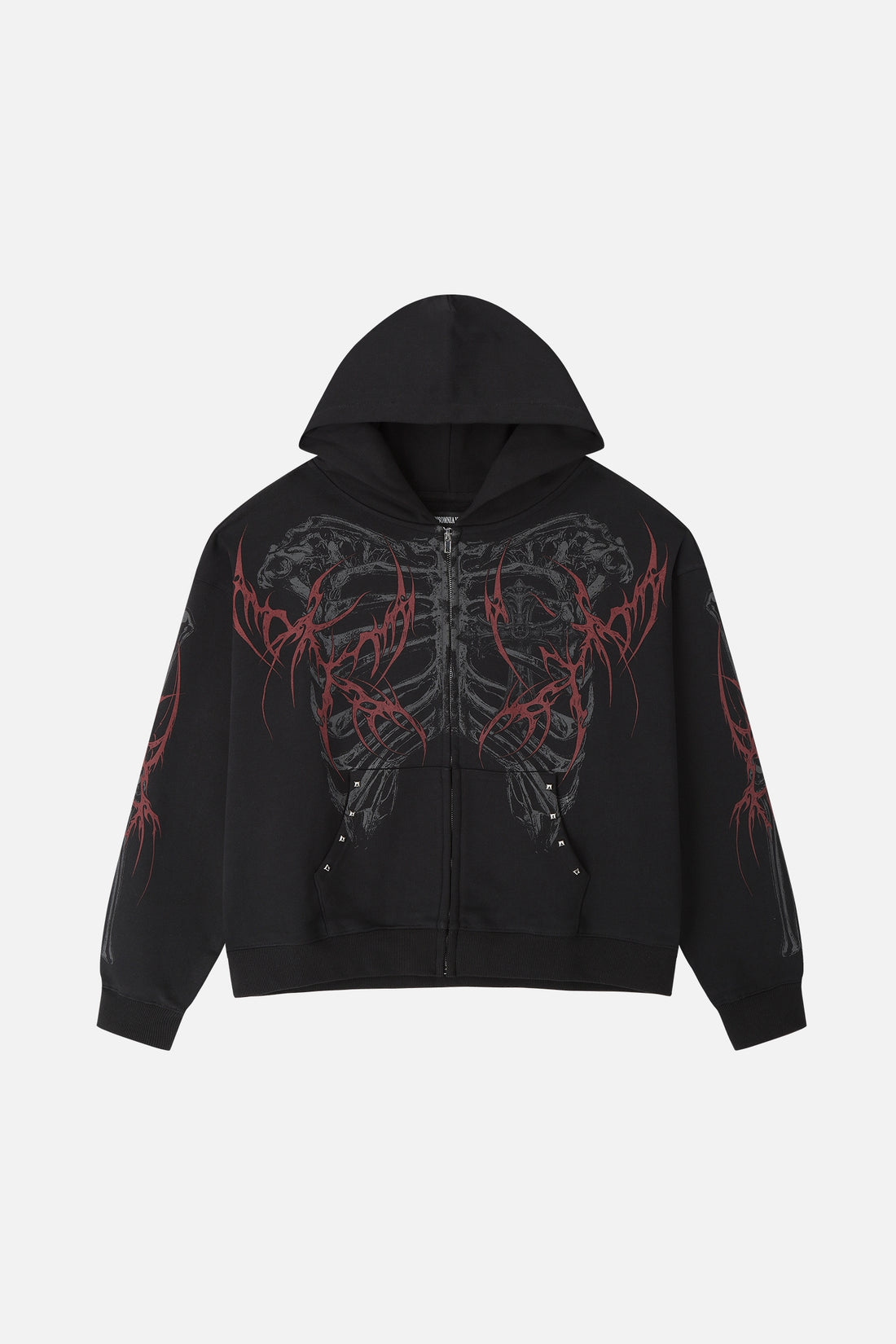 Front of the black Skeleton Hoodie laid flat, showing ribcage print, red thorns and studs