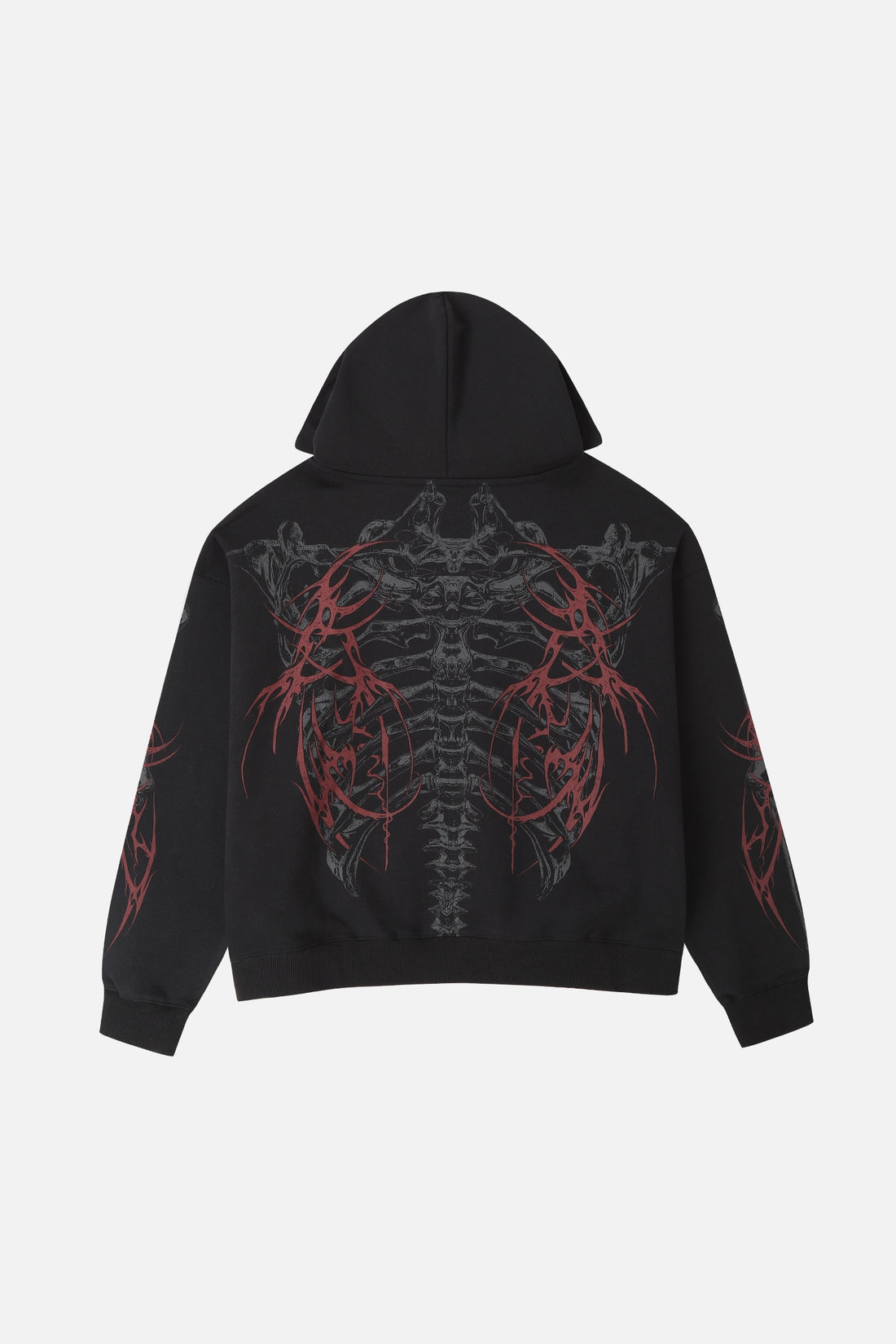 Back of the Skeleton Hoodie laid flat with spine graphic and red thorn sleeve prints