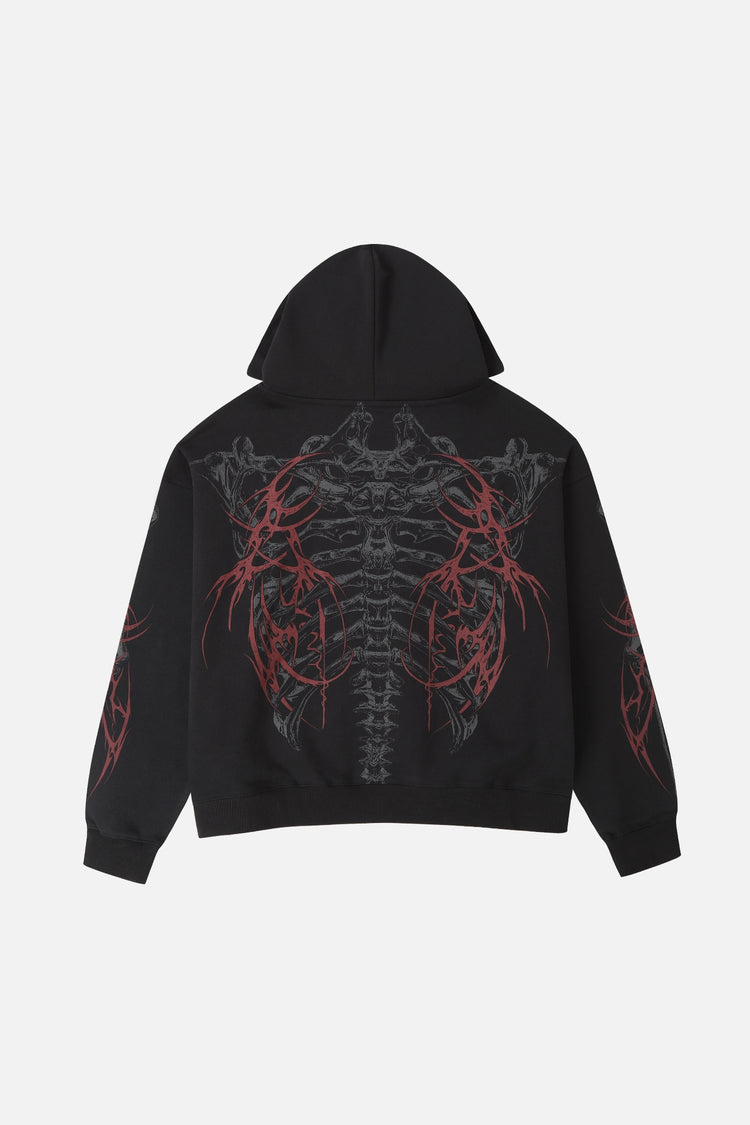Back of the Skeleton Hoodie laid flat with spine graphic and red thorn sleeve prints