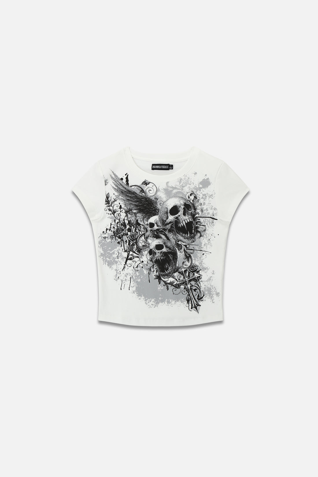 White Skulls Tee laid flat, with black and grey winged skulls and cross print