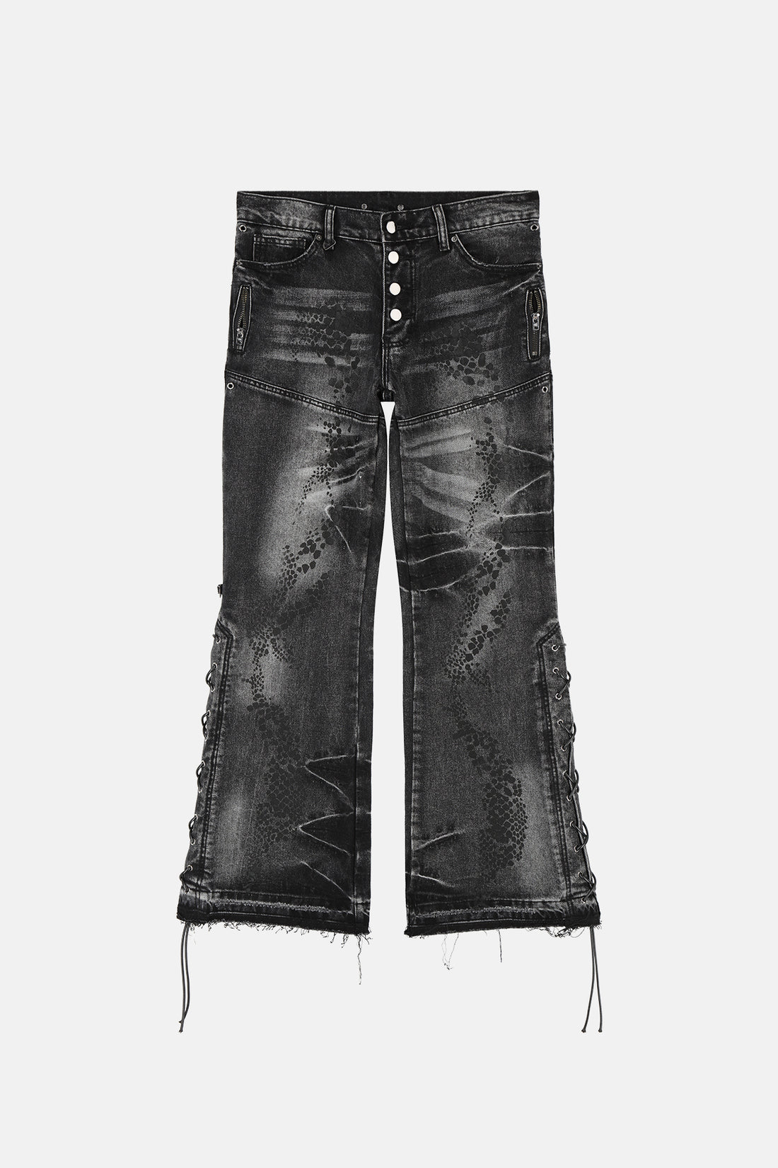 Front of the black Snakeskin Flared Denim laid flat with snakeskin wash and laced side seams