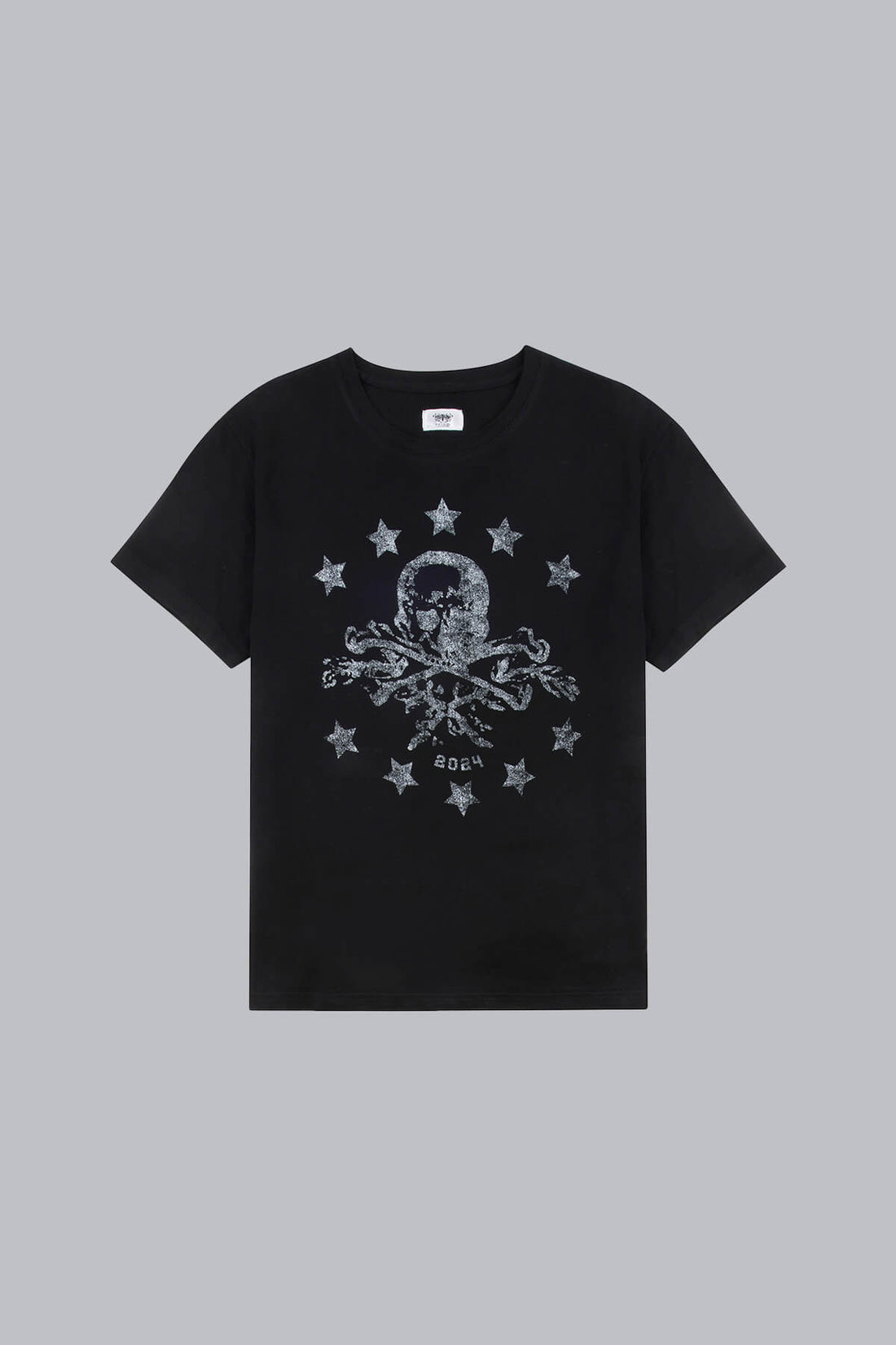Black Prestige Tee laid flat, front view with circle of stars around a skull