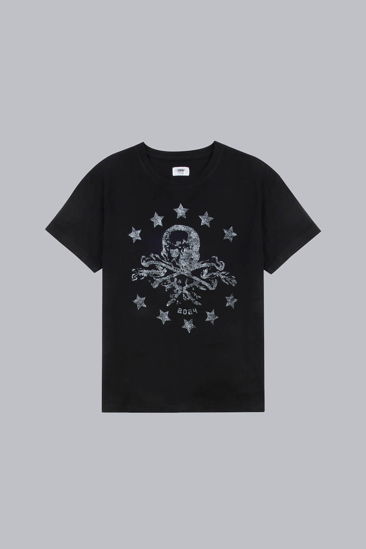 Black Prestige Tee laid flat, front view with circle of stars around a skull