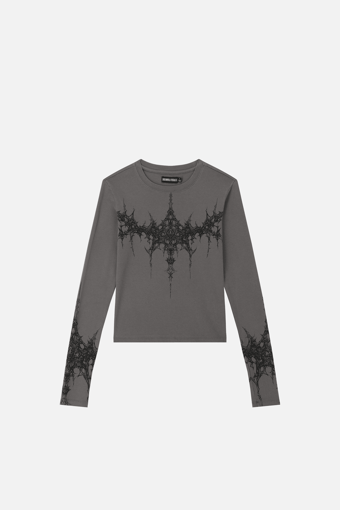 Gray Tribal Longsleeve on its own, showing the black tribal print across chest and cuffs