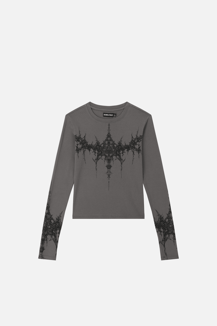Gray Tribal Longsleeve on its own, showing the black tribal print across chest and cuffs
