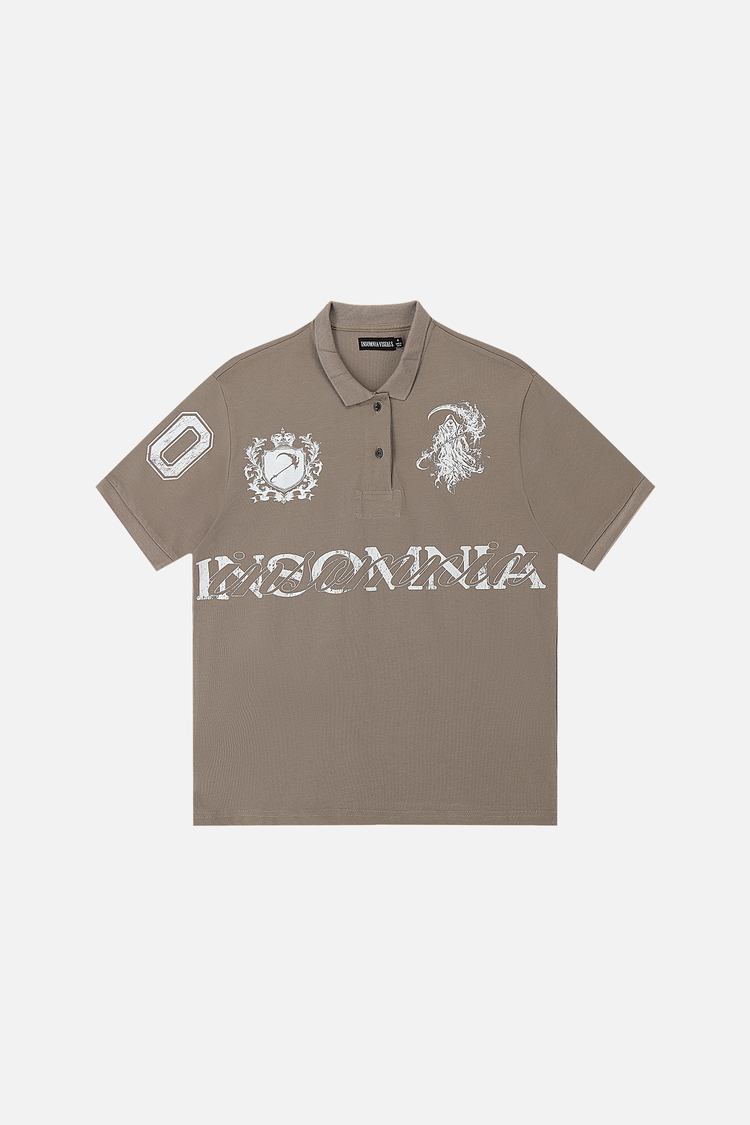 Taupe Reaper Polo laid flat with silver Insomnia lettering, crest, reaper and number print