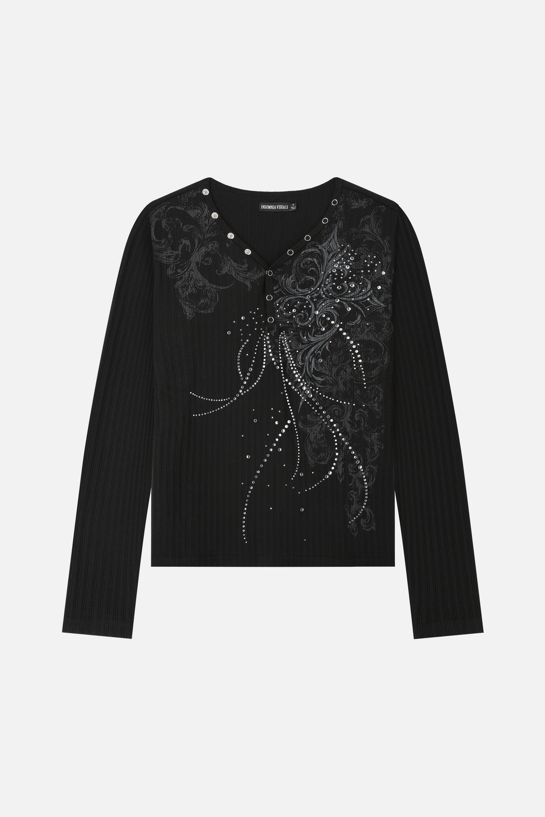 Front of the Fate Ribbed Long Sleeve laid flat, black rib knit with rhinestone burst