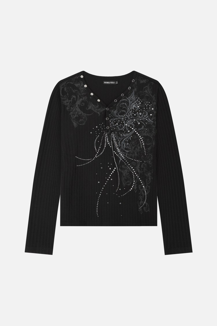 Front of the Fate Ribbed Long Sleeve laid flat, black rib knit with rhinestone burst