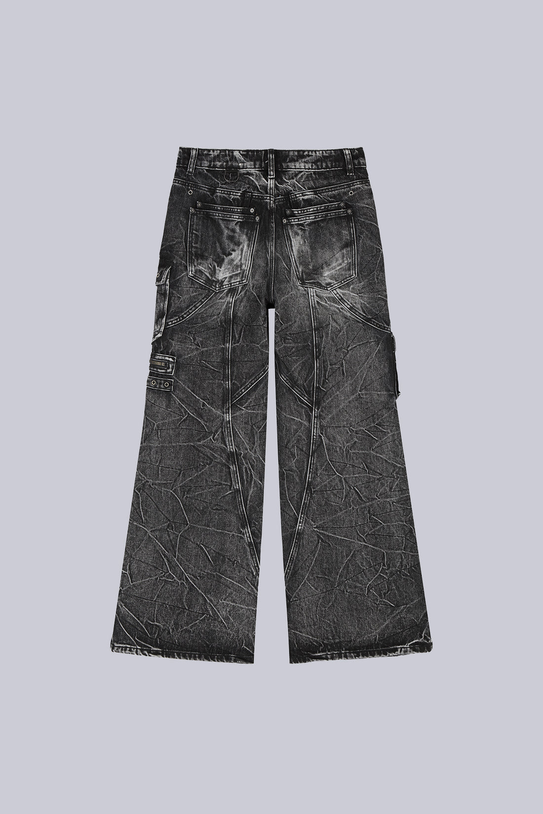 Utility Denim laid flat, back view, faded black wash with side cargo pockets