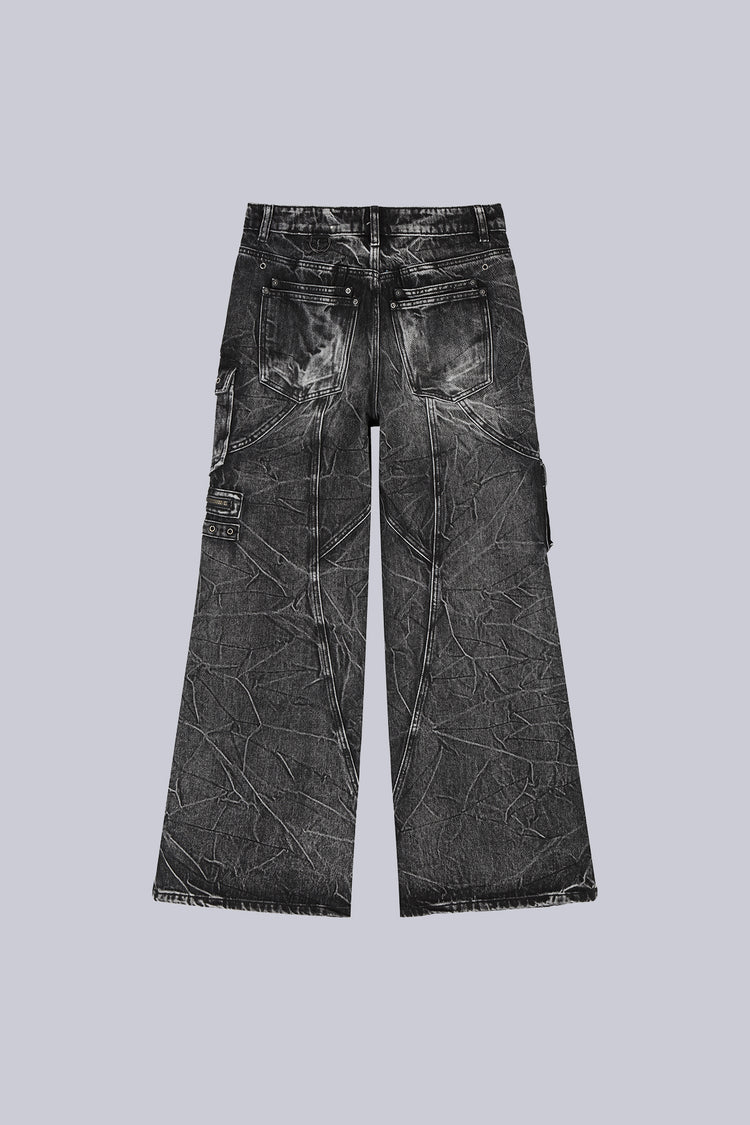 Utility Denim laid flat, back view, faded black wash with side cargo pockets