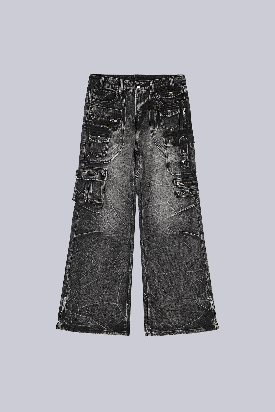 Utility Denim laid flat, front view, washed black with multiple cargo and zip pockets