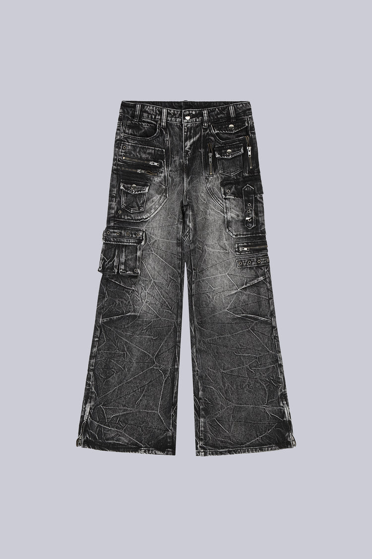 Utility Denim laid flat, front view, washed black with multiple cargo and zip pockets