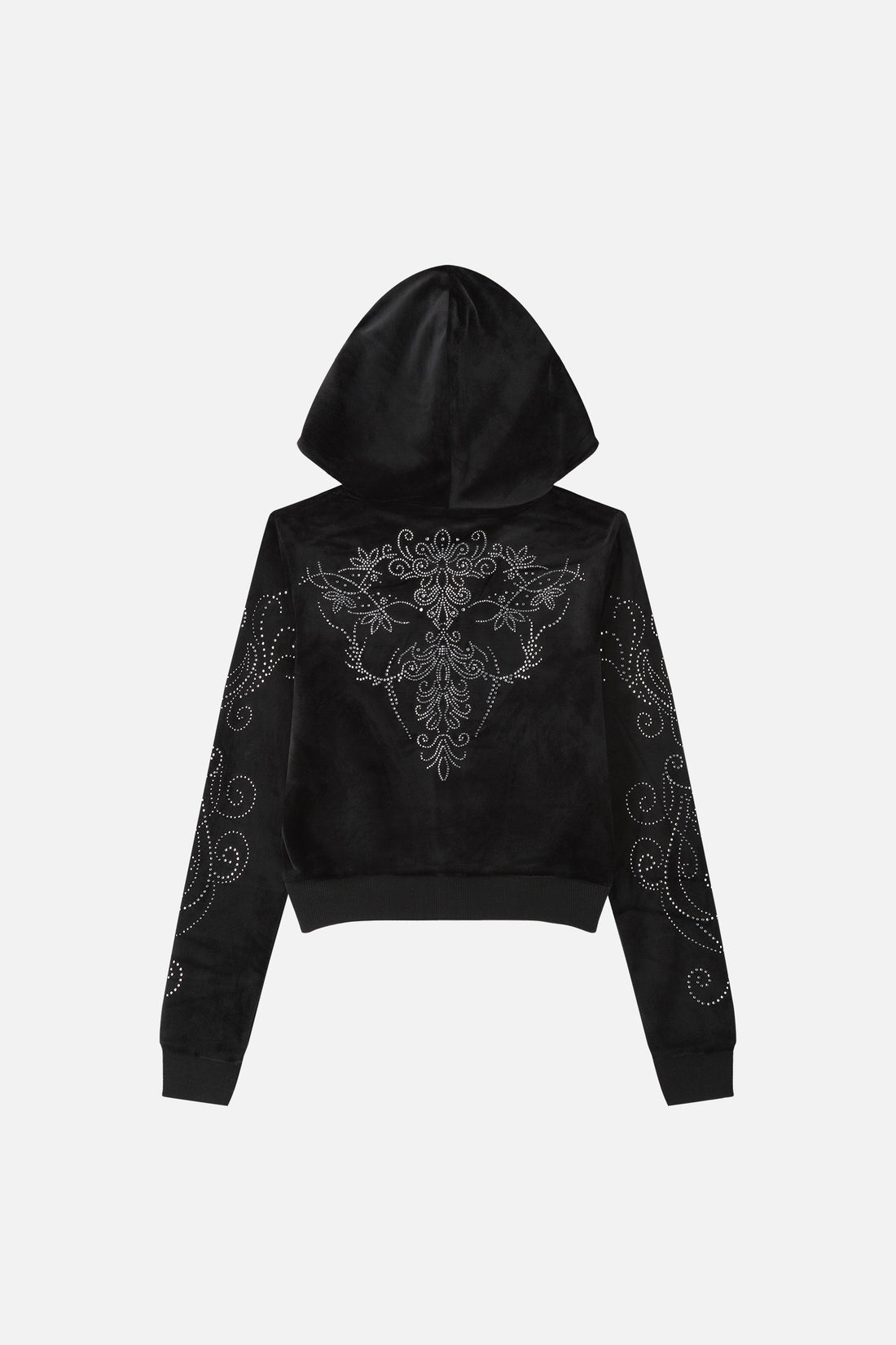 Back of the Velour Flutter Hoodie laid flat, showing rhinestone ornament and sleeve swirls