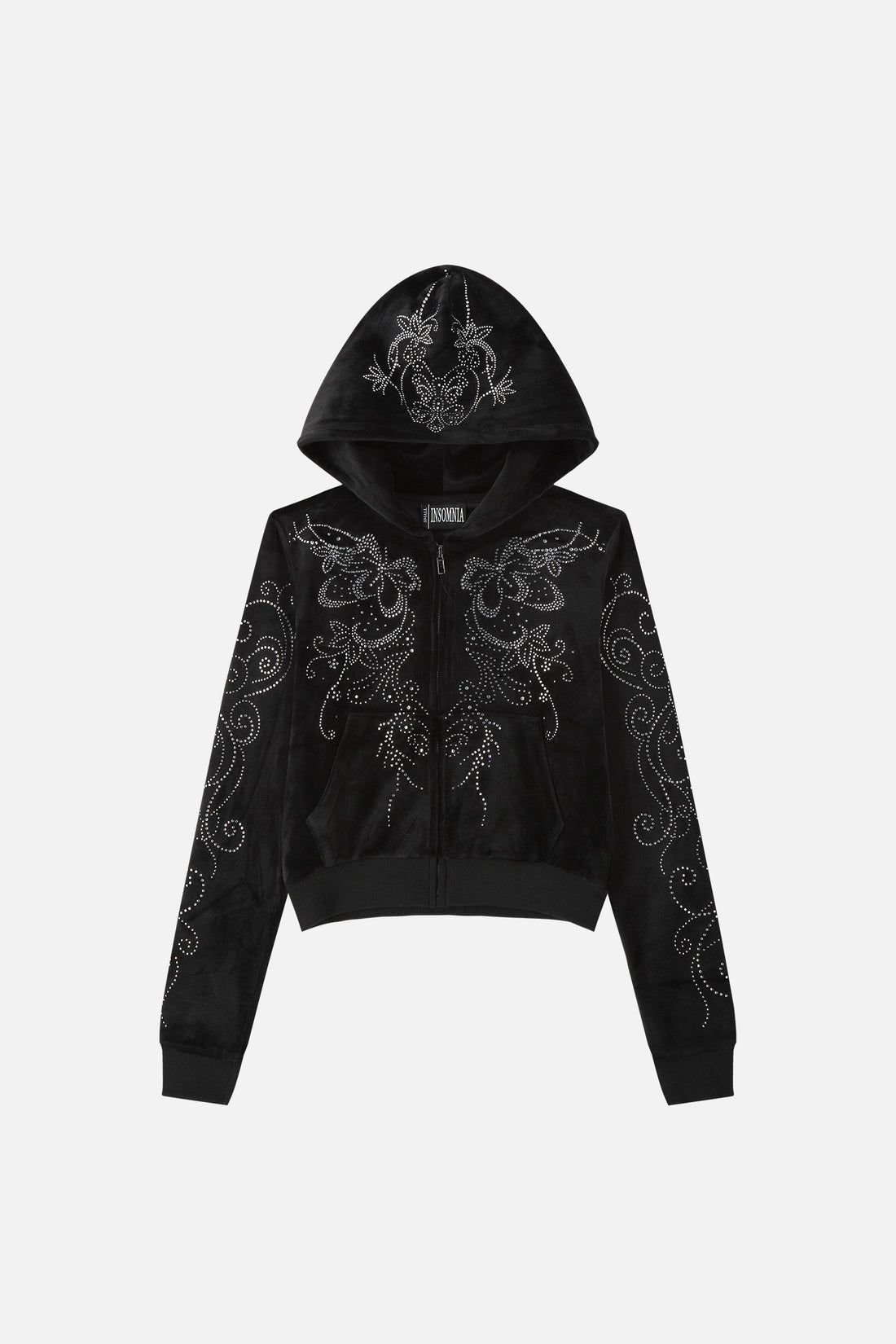 Front of the black Velour Flutter Hoodie laid flat with rhinestone butterfly and scroll design