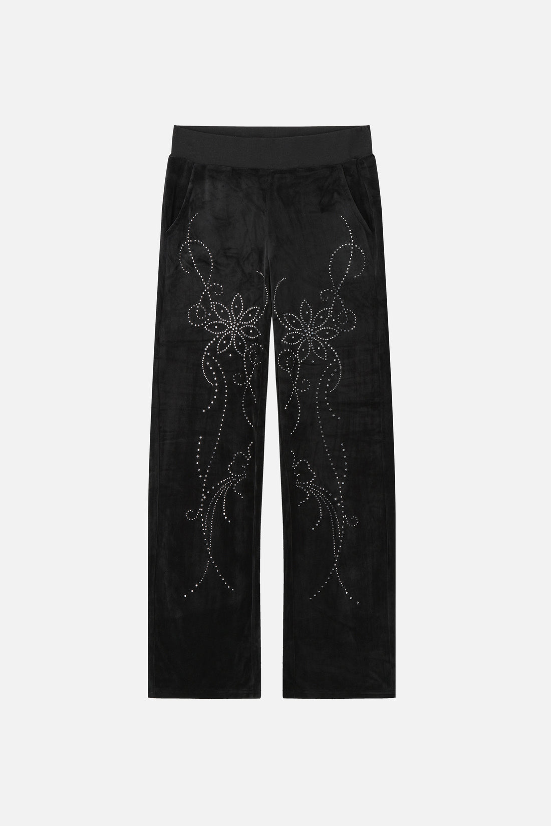 Black Velour Flutter Sweatpants laid flat, showing rhinestone flowers down both legs