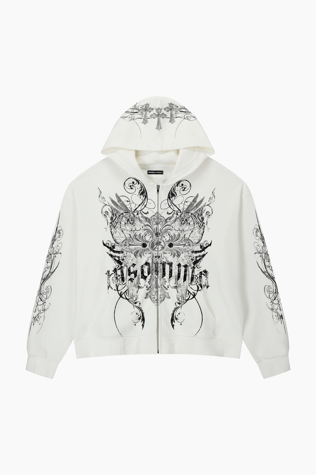 Front of the White Crux Hoodie laid flat, showing black gothic logo and sleeve prints