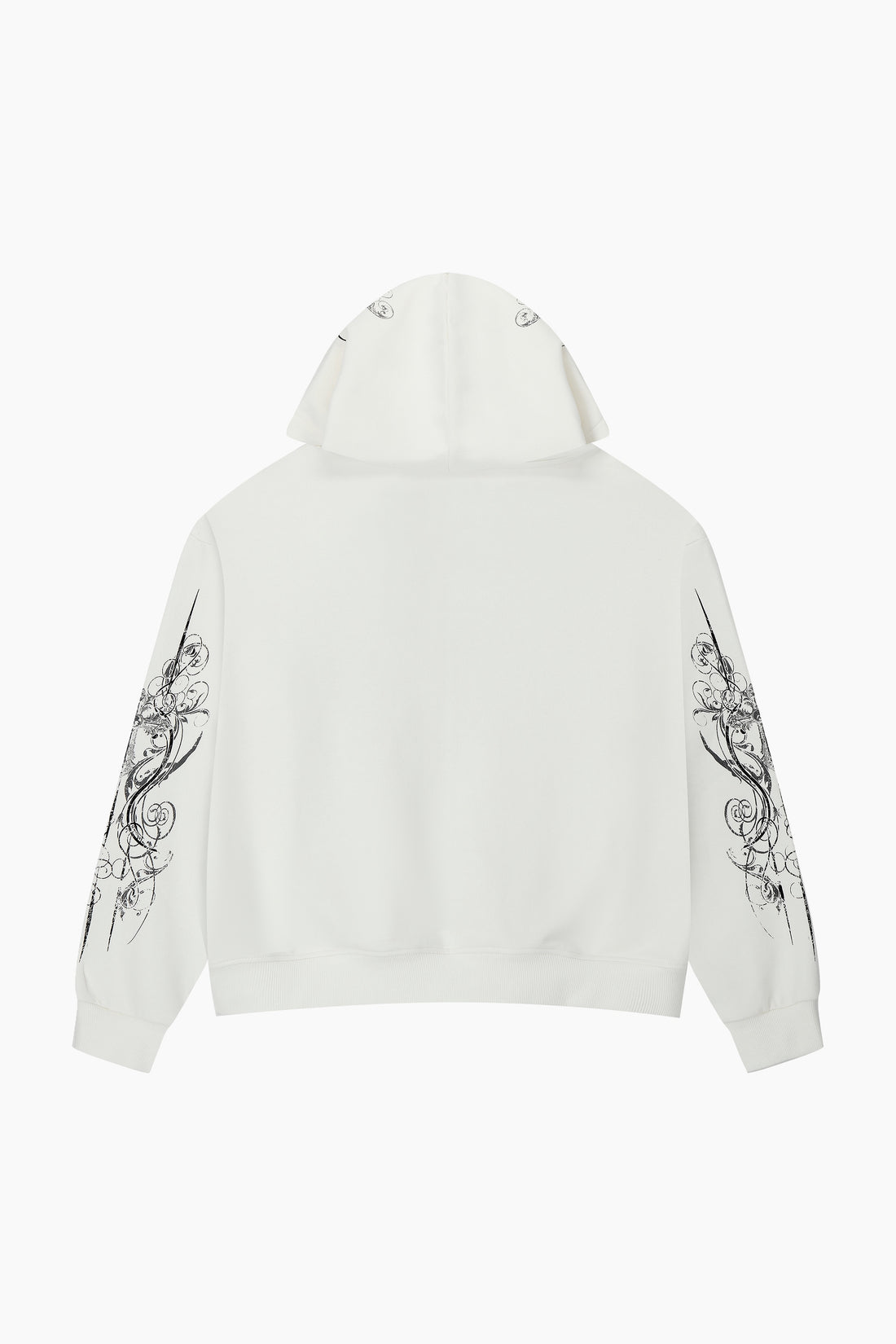 Back of the White Crux Hoodie laid flat with tribal prints on the sleeves and hood