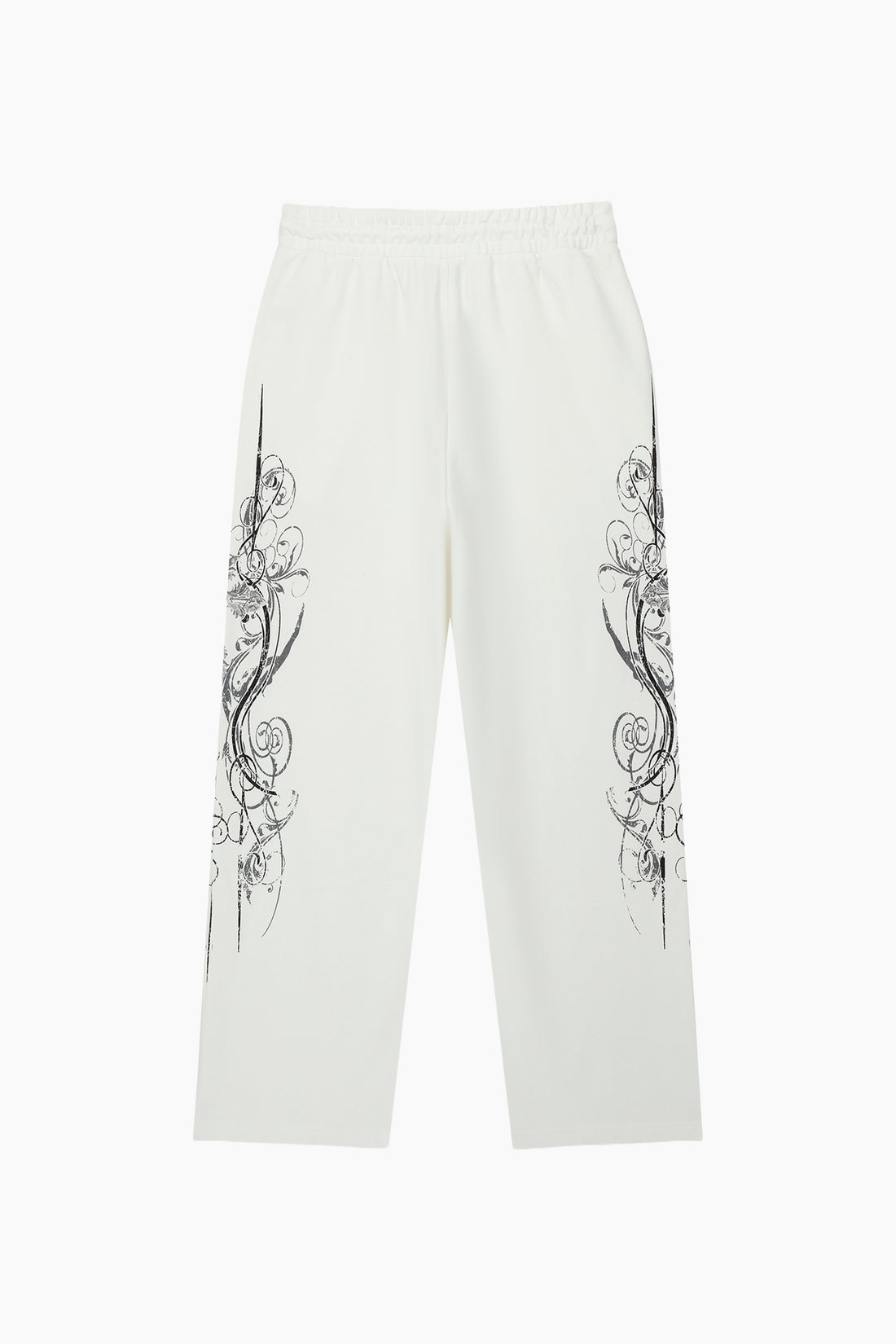 Back of the White Crux Sweatpants laid flat with mirrored filigree side prints