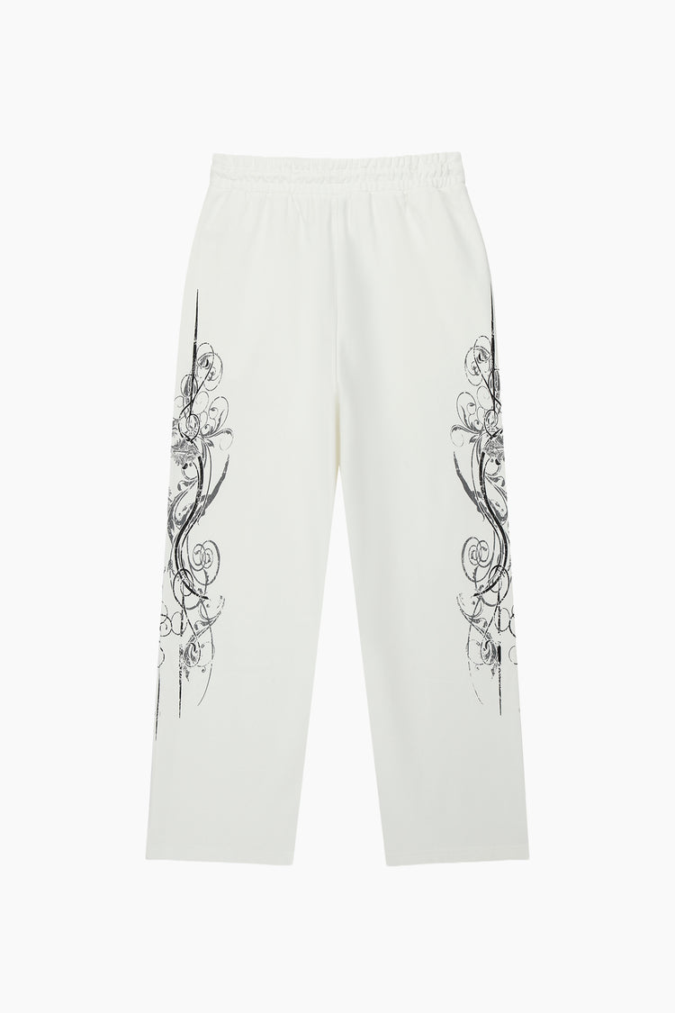 Back of the White Crux Sweatpants laid flat with mirrored filigree side prints