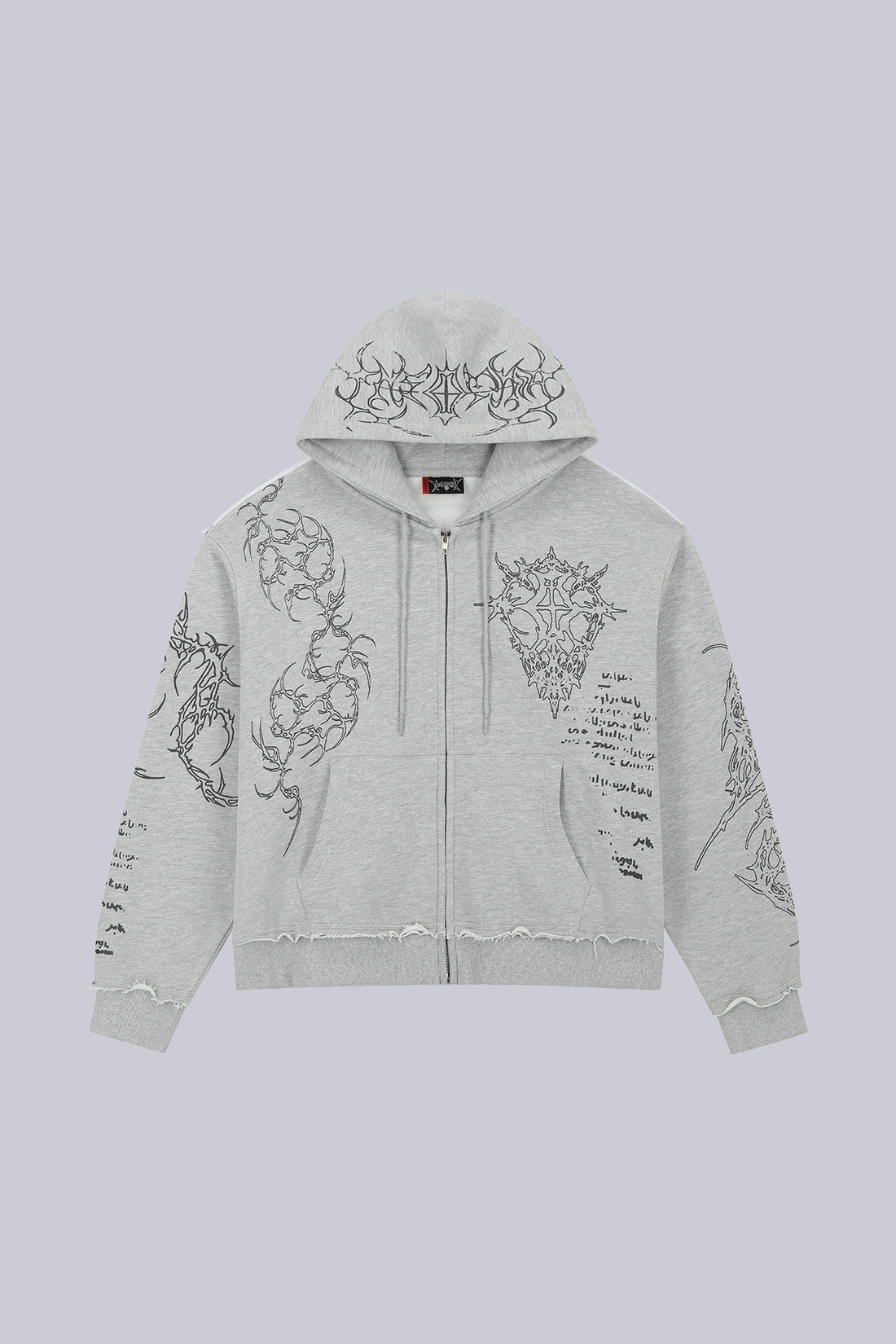 Front of the Gray Sigil Zip Hoodie laid flat, showing tribal sigil and script embroidery