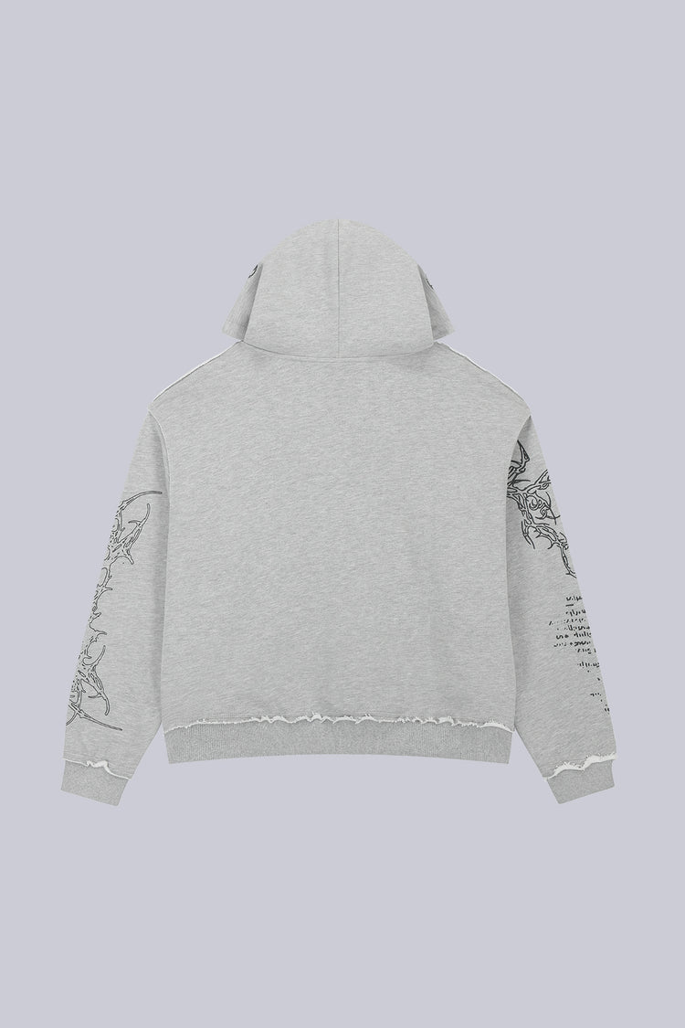 Back of the Gray Sigil Zip Hoodie laid flat, with embroidered designs on both sleeves