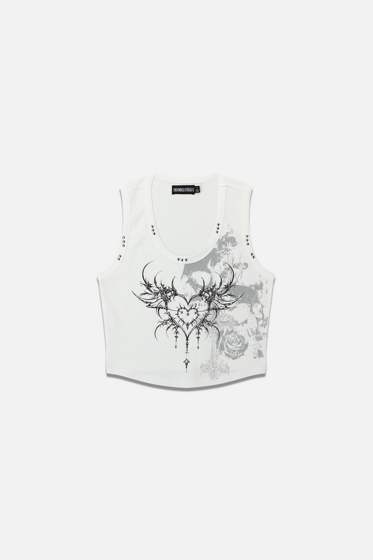 White Sigil Tank laid flat, showing black winged heart sigil and grey floral print