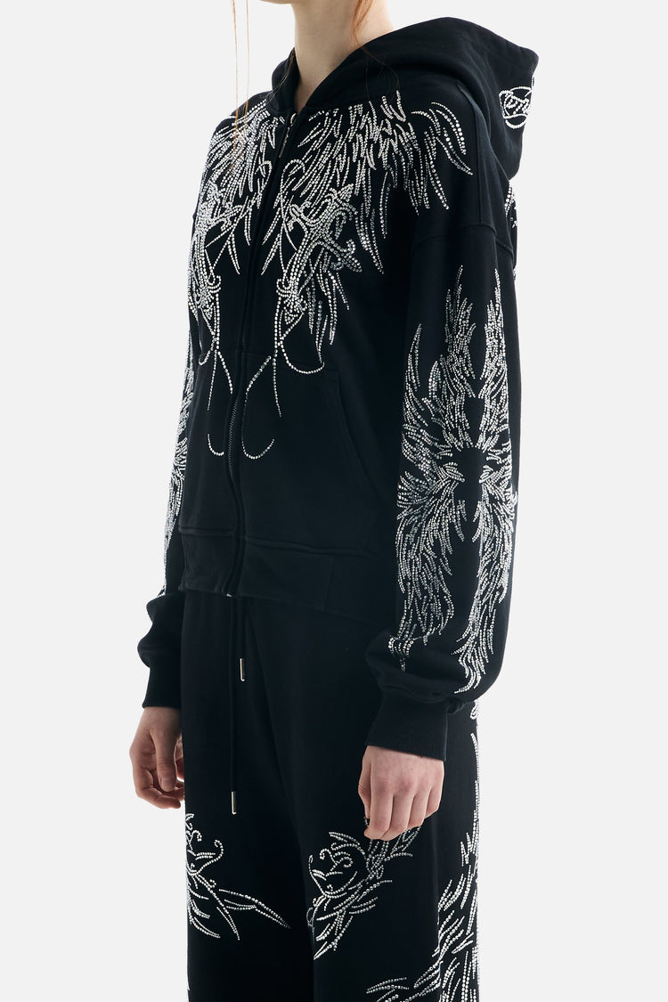 Side close-up of the All Over Wings Rhinestone Hoodie showing rhinestone wings on the sleeve