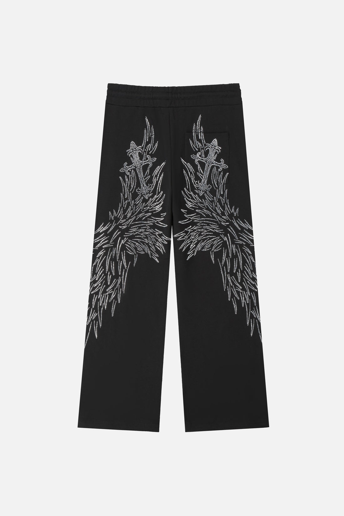 Back of the All Over Wings Rhinestone Sweatpants laid flat with rhinestone wings and crosses