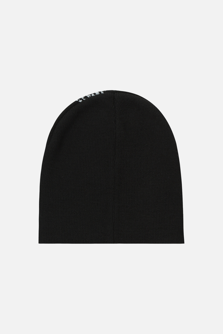 Back of the black Blessed Beanie laid flat, plain knit with small logo