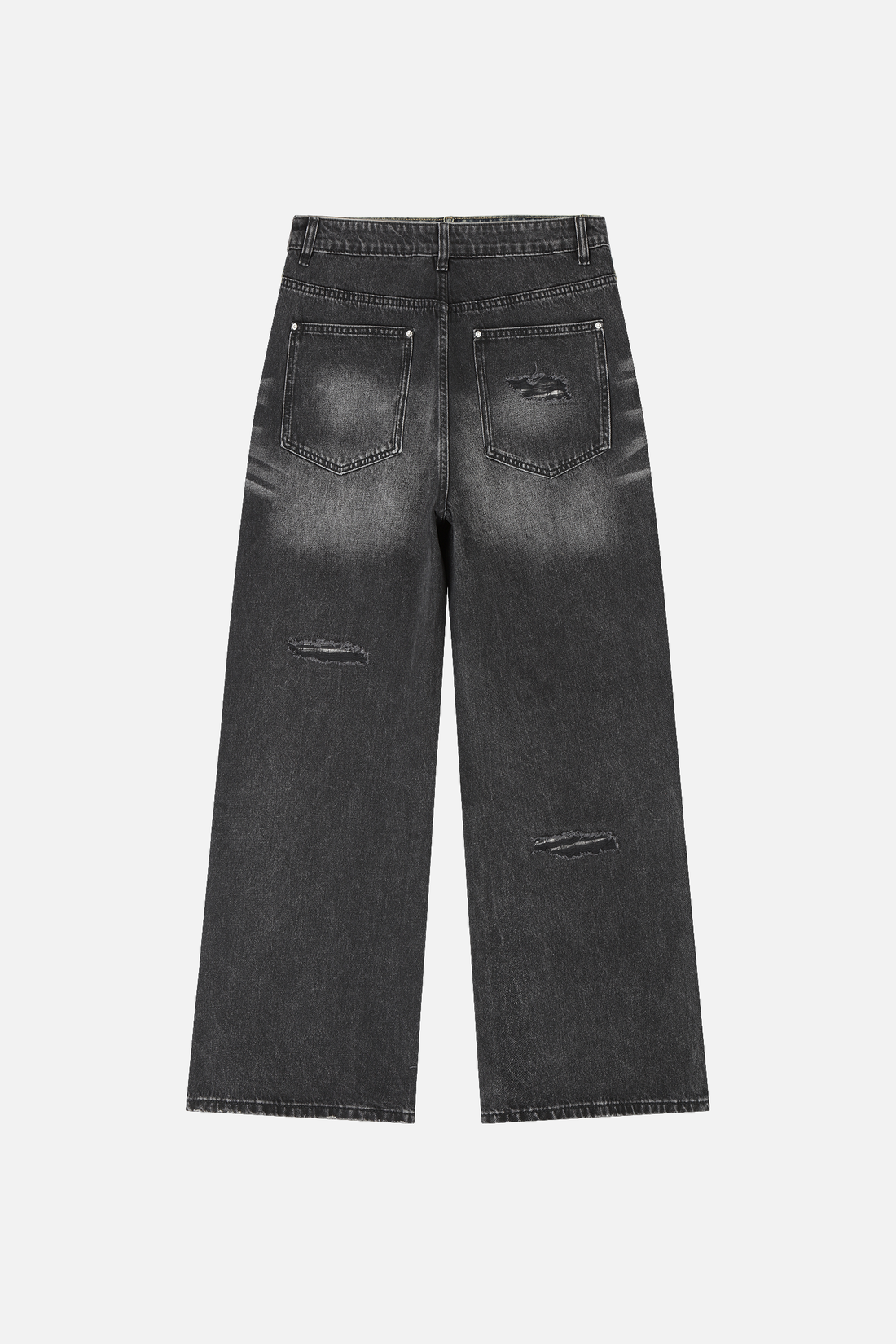 Back of the Plaid Patch Outlaw Denim laid flat, with faded seat and leg rips