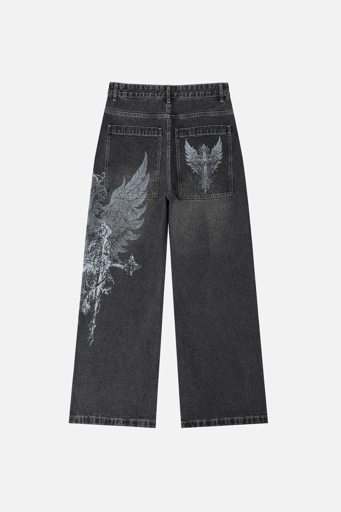 Back of the Winged Outlaw Denim laid flat with winged cross on pocket and leg