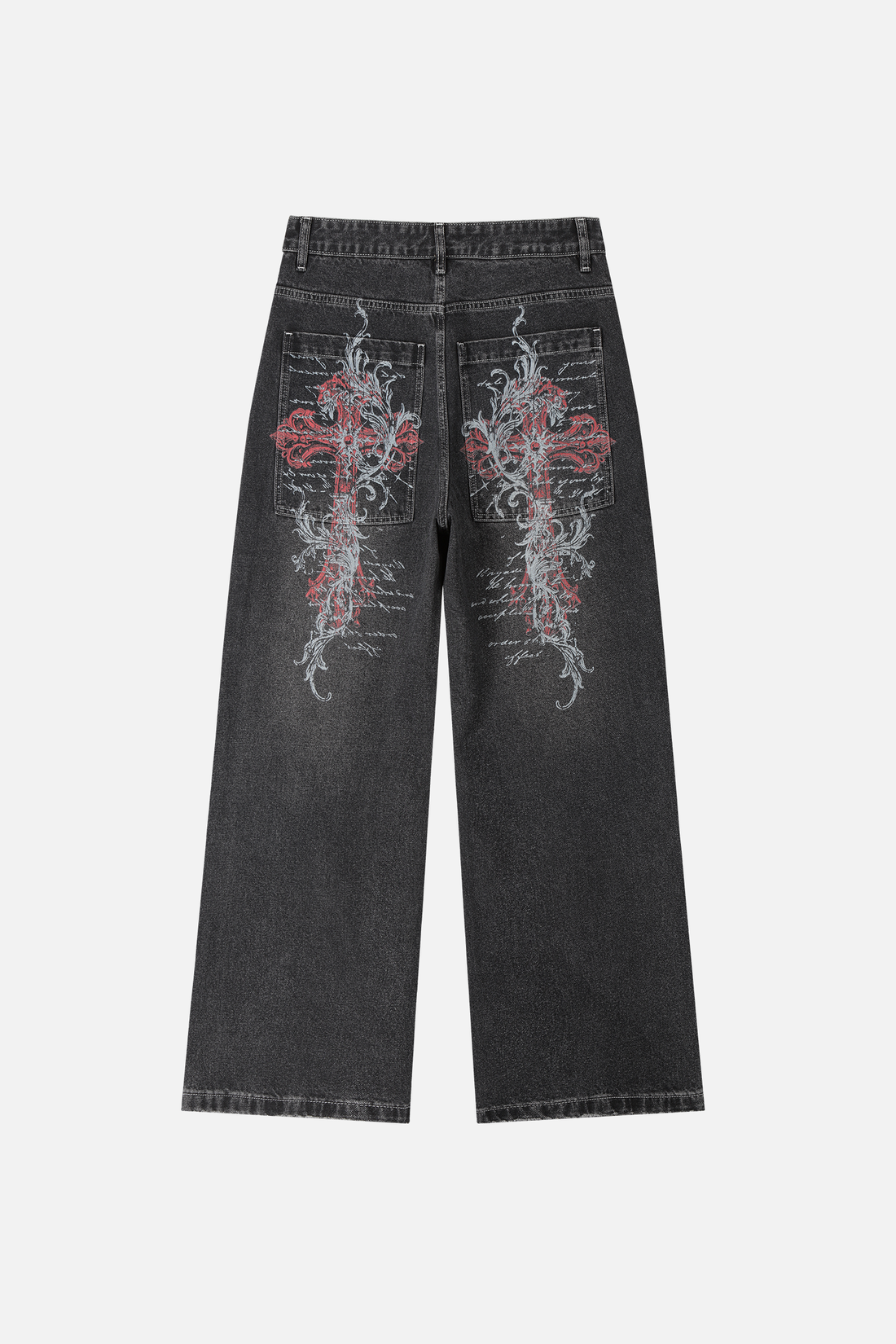 Blessed Outlaw Denim laid flat, back view, black wash with red cross embroidery on pockets