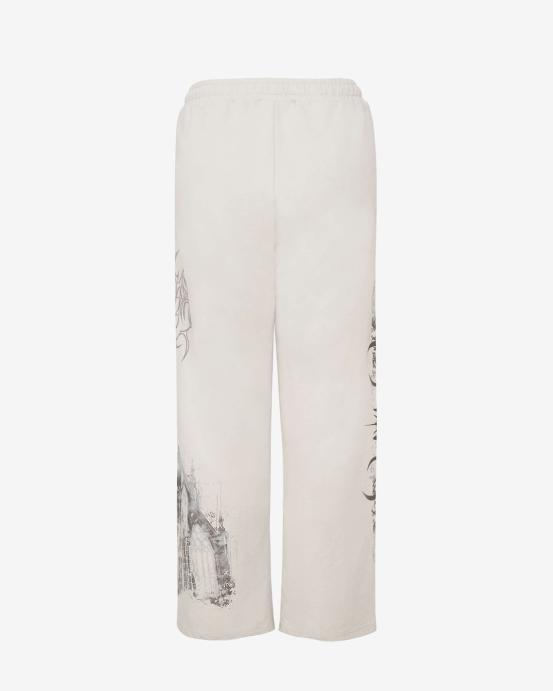 Back of the Gray Cathedral Sweatpants laid flat, cathedral print running down the legs