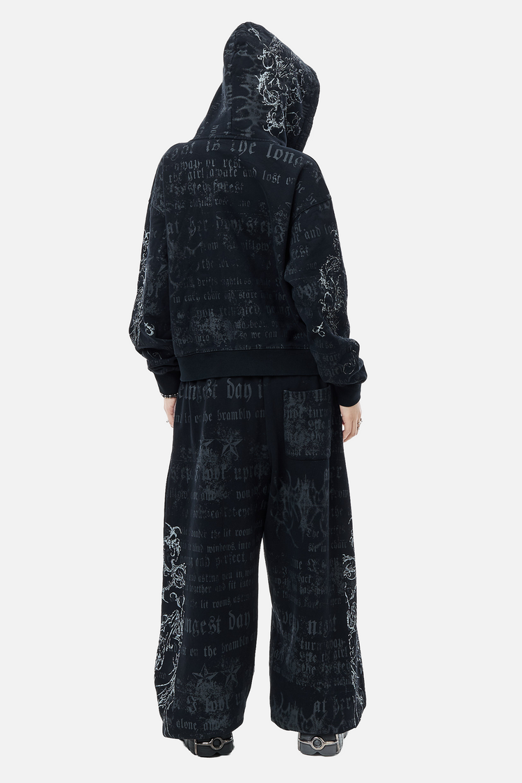 Full-length back view of the Sacred Zip Hoodie and matching sweatpants with hood up