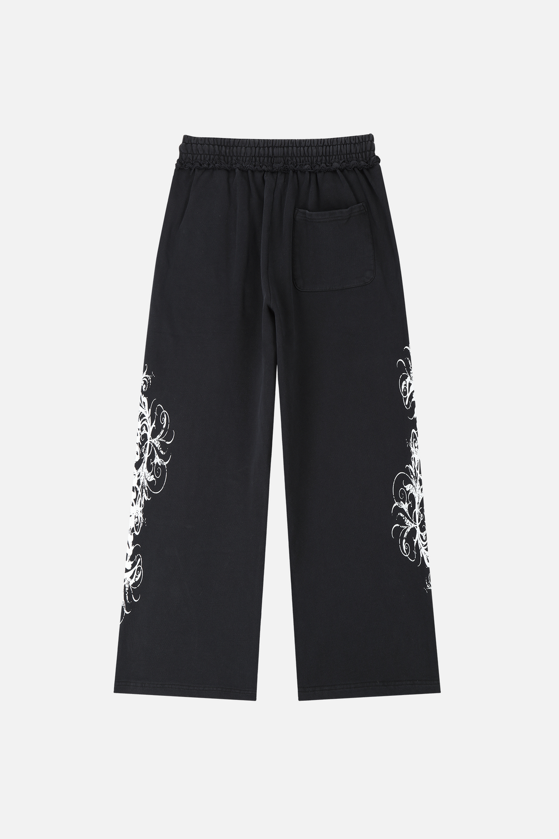 Eternal Sweatpants laid flat, back view, with back pocket and white leg print
