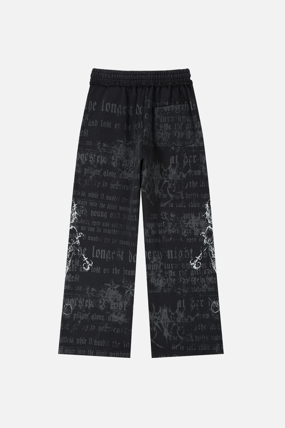 Back of the navy Sacred Sweatpants laid flat, with back pocket and side print