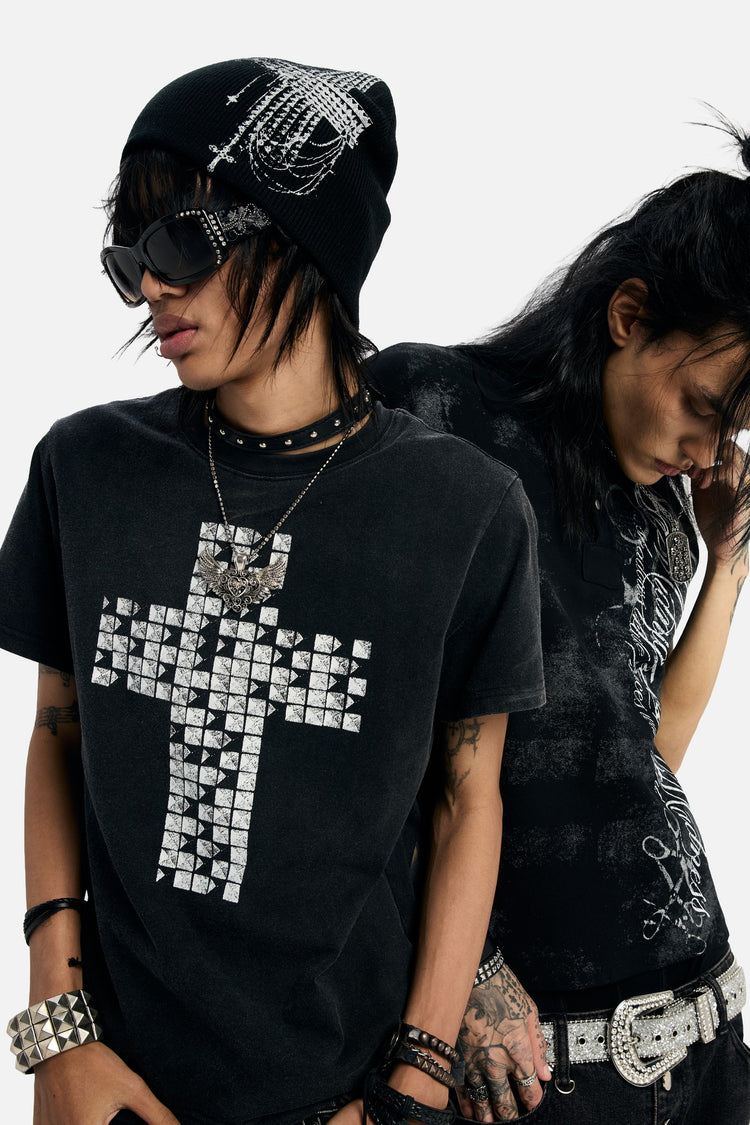 Two models in black streetwear, one wearing the Silent Beanie with sunglasses