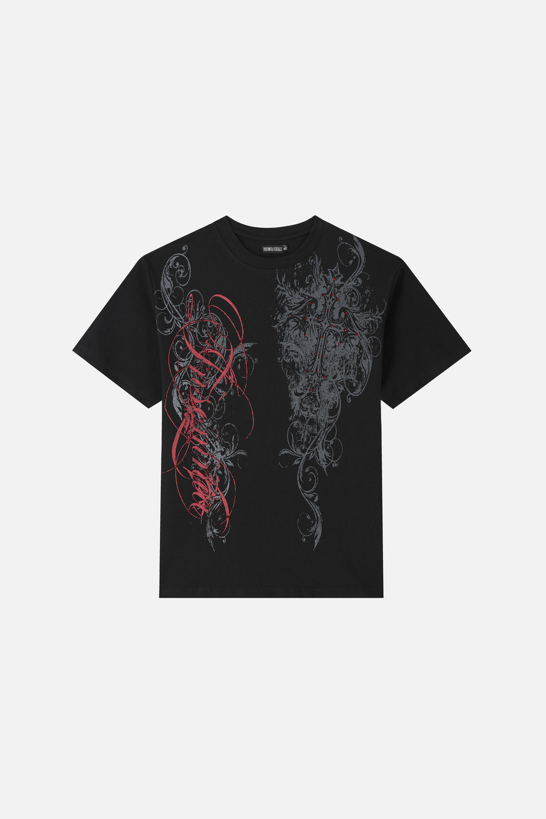 Front of the Black Scripture Eclipse Tee laid flat, red and grey filigree print
