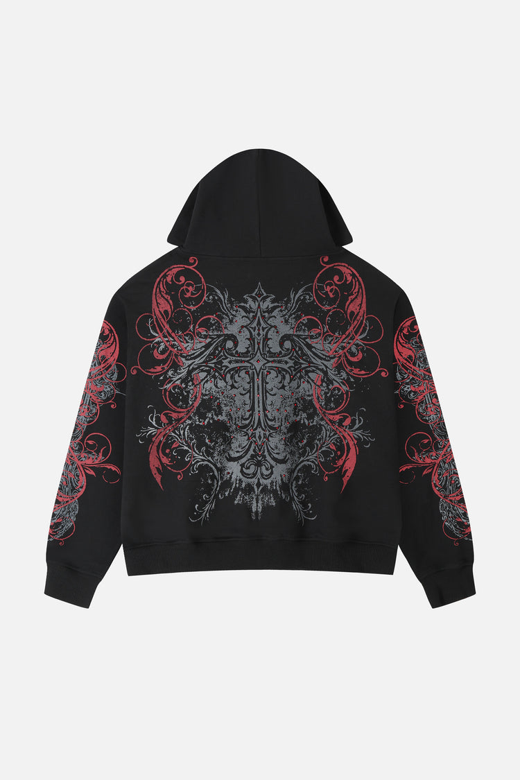 Back of the Black Scripture Eclipse Zip Up Hoodie laid flat, showing the large gothic cross graphic