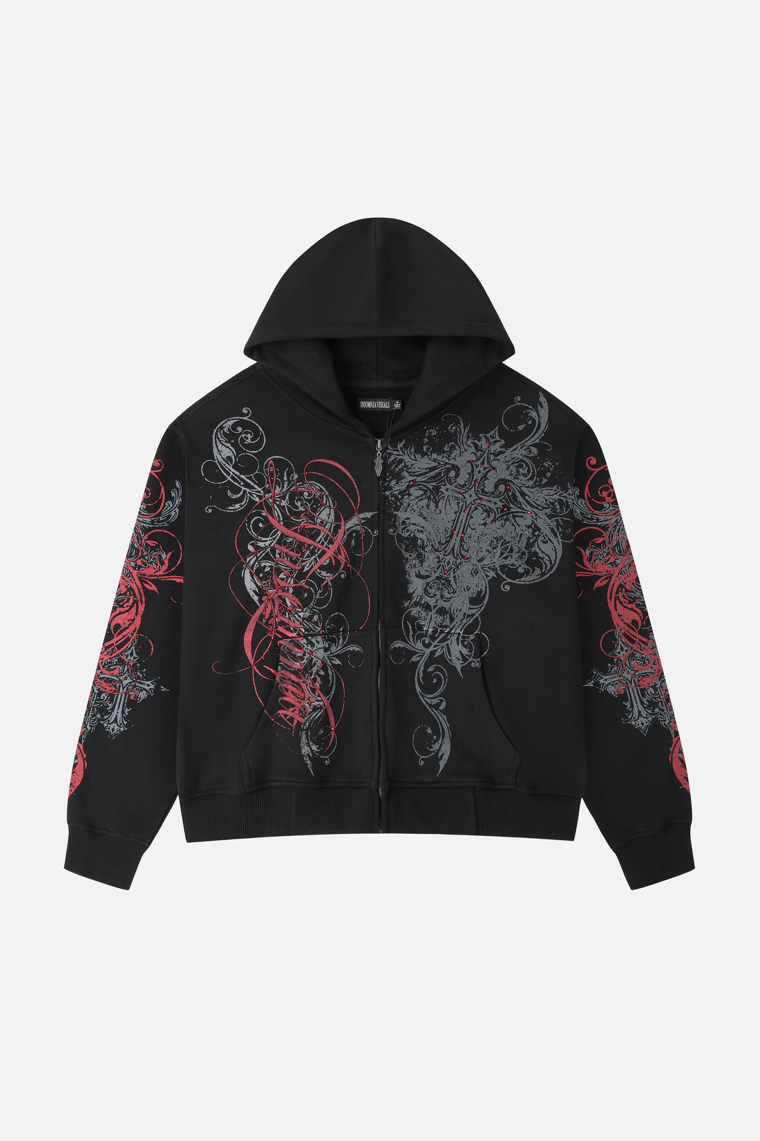 Front of the Black Scripture Eclipse Zip Up Hoodie laid flat, with red and grey scroll prints