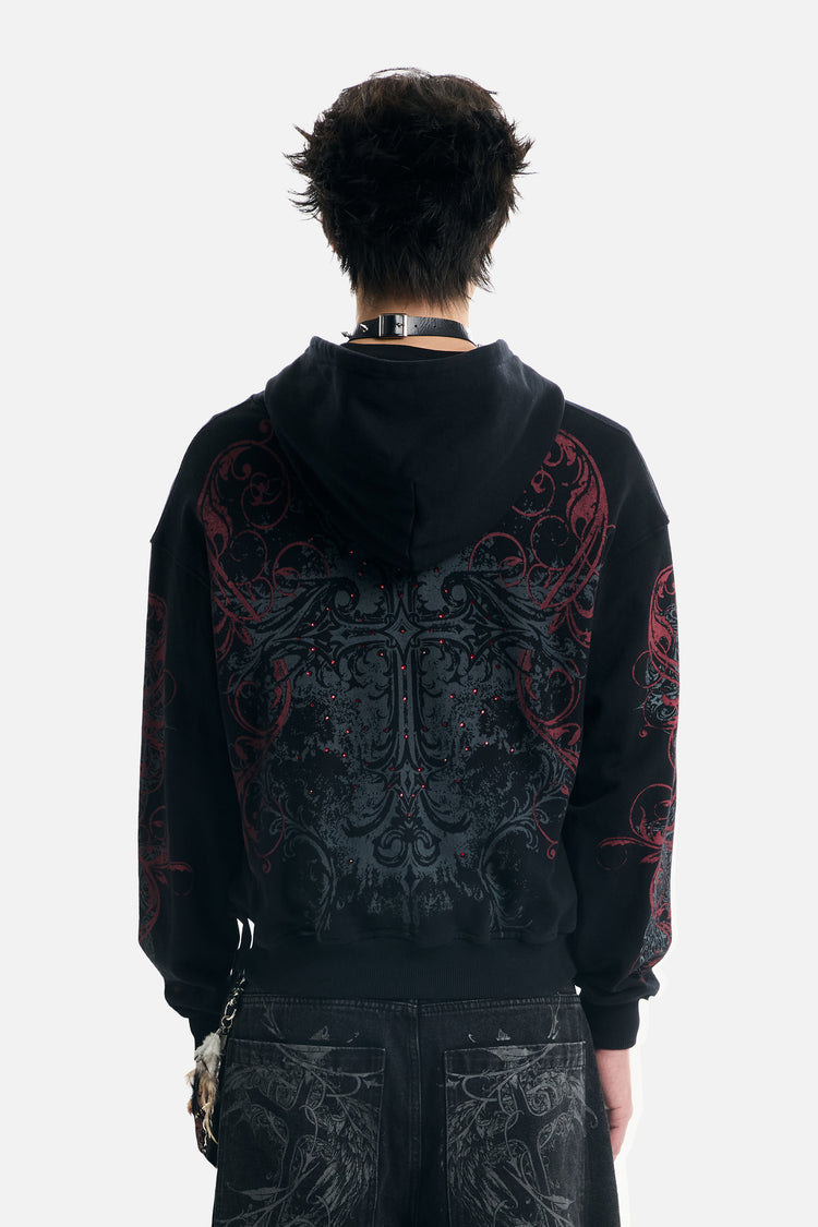 Back view of the Black Scripture Eclipse Zip Up Hoodie on model, cross print across the back