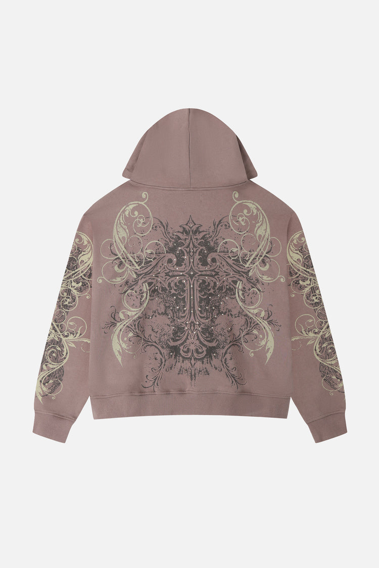 Back of the Brown Scripture Eclipse Zip Up Hoodie laid flat, showing the large ornate cross graphic