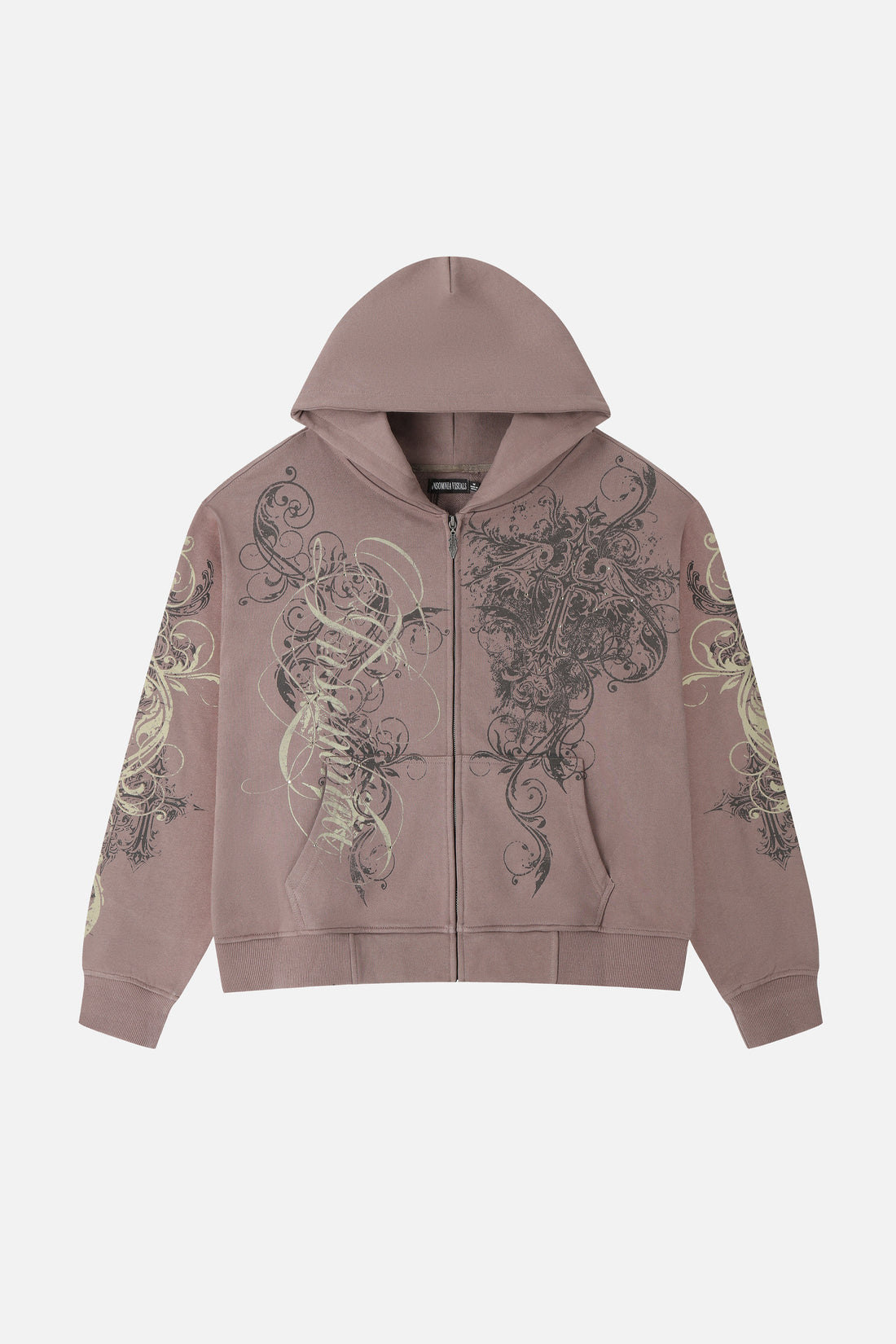 Front of the Brown Scripture Eclipse Zip Up Hoodie laid flat, with scroll print on chest and sleeves